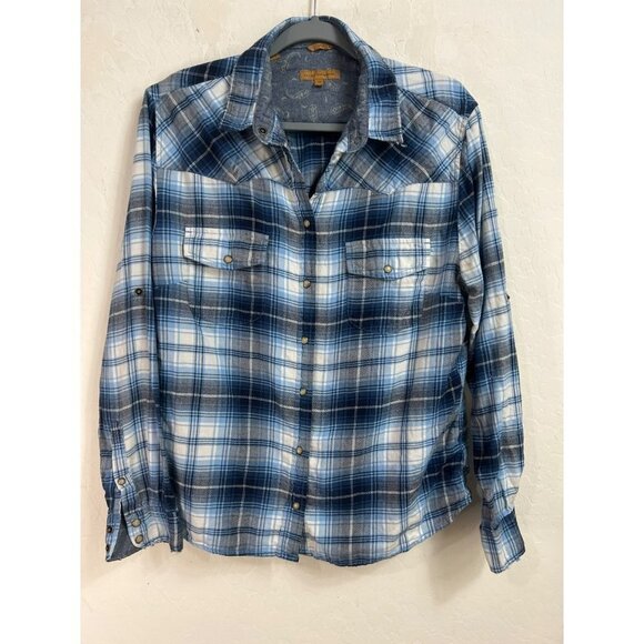 Jachs Girlfriend XL Shades of Blue Plaid Flannel Shirt Pearl Snap Western 100% C - Picture 2 of 8